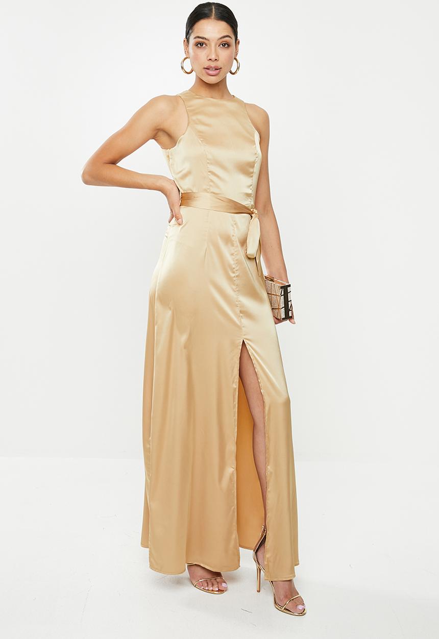 Missguided - Satin split front self belt maxi dress - champagne