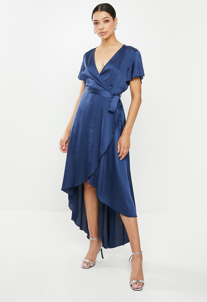 Missguided - High low wrap midi dress short sleeve ruffle - navy