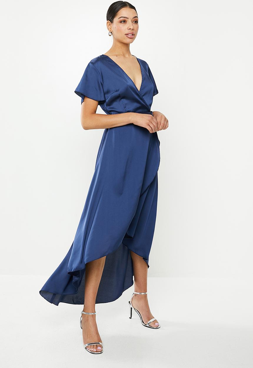 Missguided - High low wrap midi dress short sleeve ruffle - navy