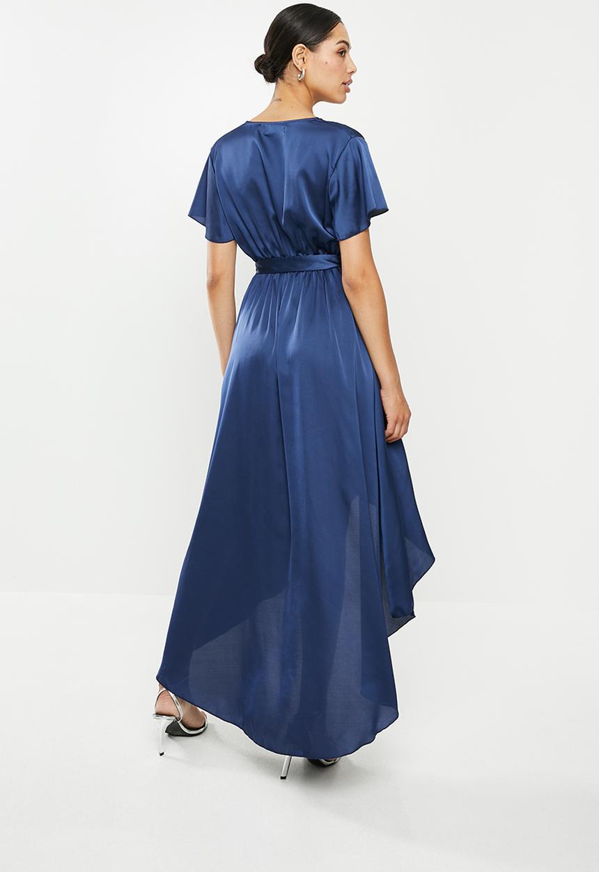 Missguided - High low wrap midi dress short sleeve ruffle - navy