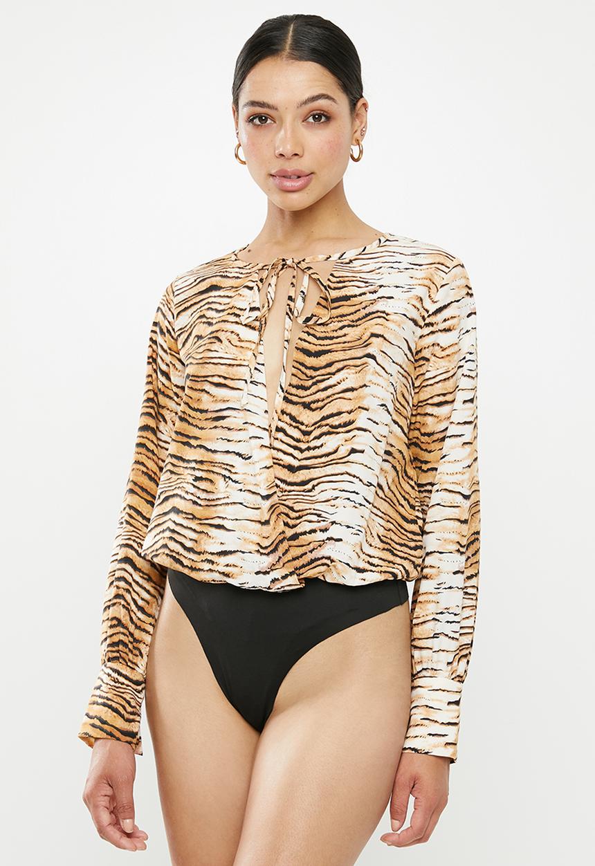 Missguided - Zebra print tie wrap plunge bodysuit - multi 