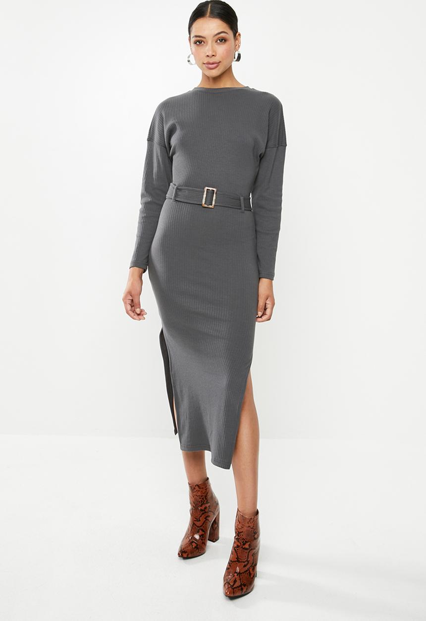 Missguided - Rib ls tortoiseshell belted midi dress - grey