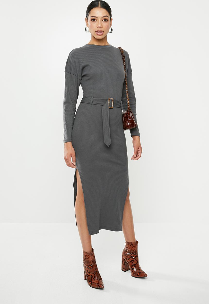 Missguided - Rib ls tortoiseshell belted midi dress - grey
