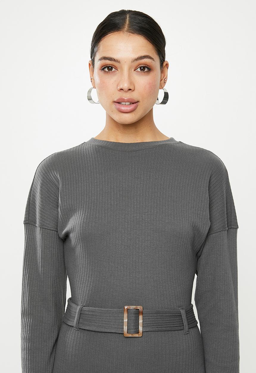 Missguided - Rib ls tortoiseshell belted midi dress - grey
