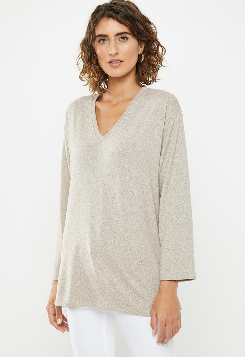 edit - Long sleeve v-neck top - neutral