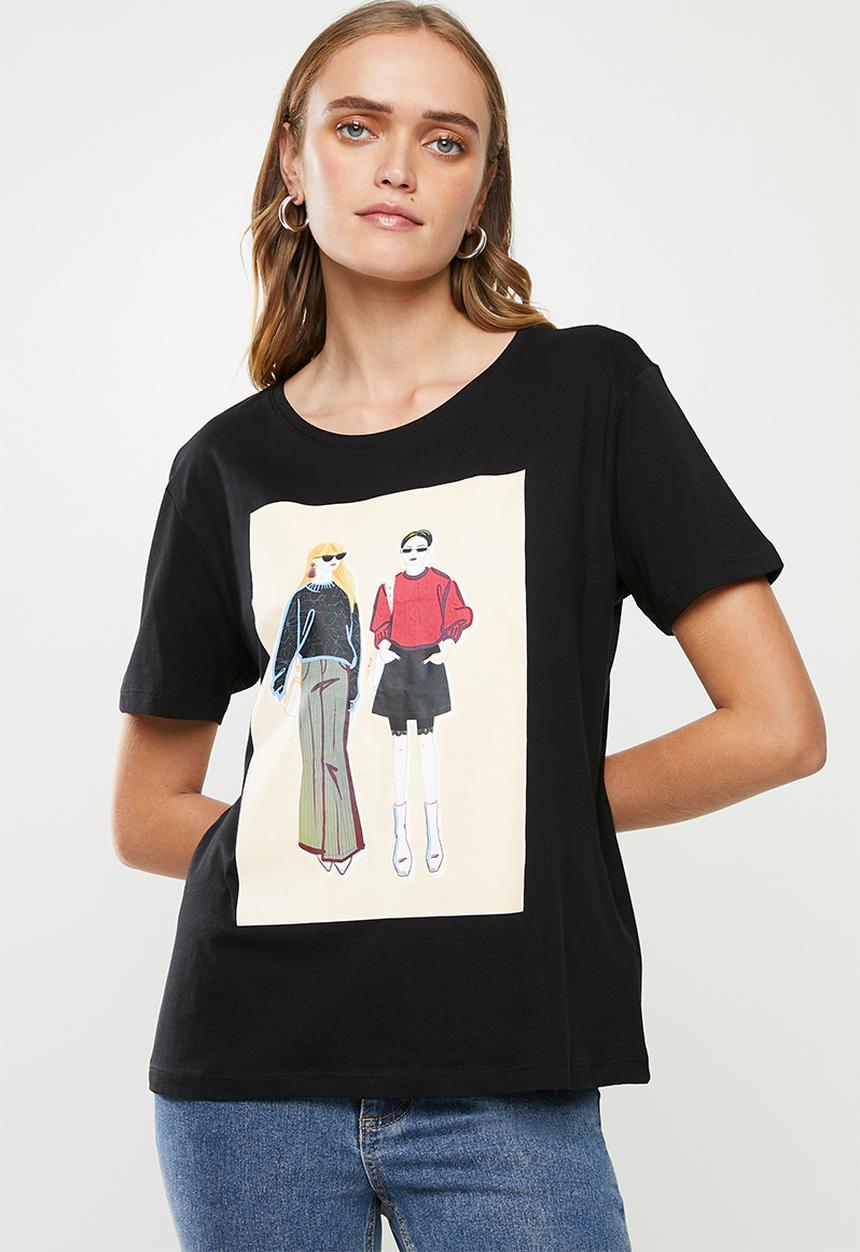 Jacqueline de Yong - Danni short sleeve print top denim - black