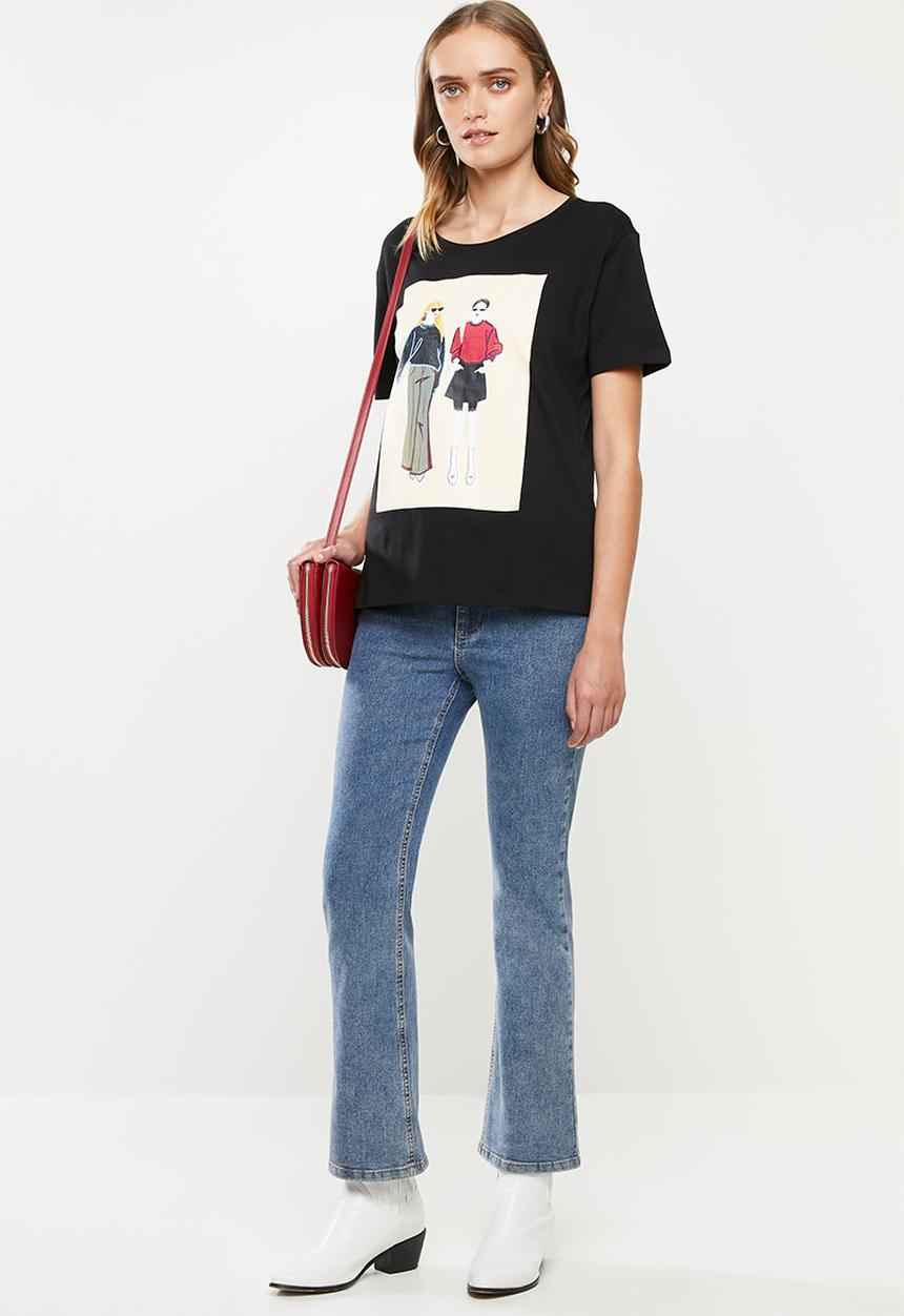 Jacqueline de Yong - Danni short sleeve print top denim - black