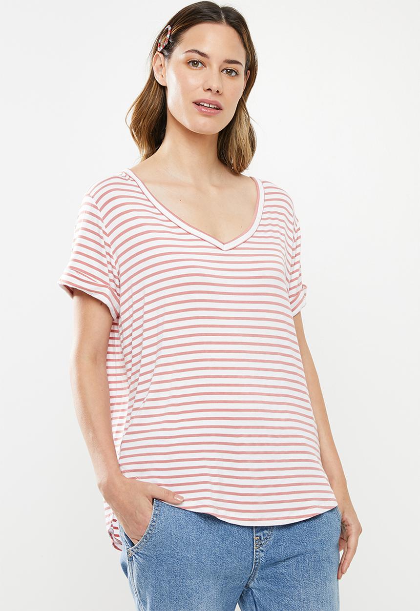 Cotton On - Karly short sleeve V-neck top - white & pink 