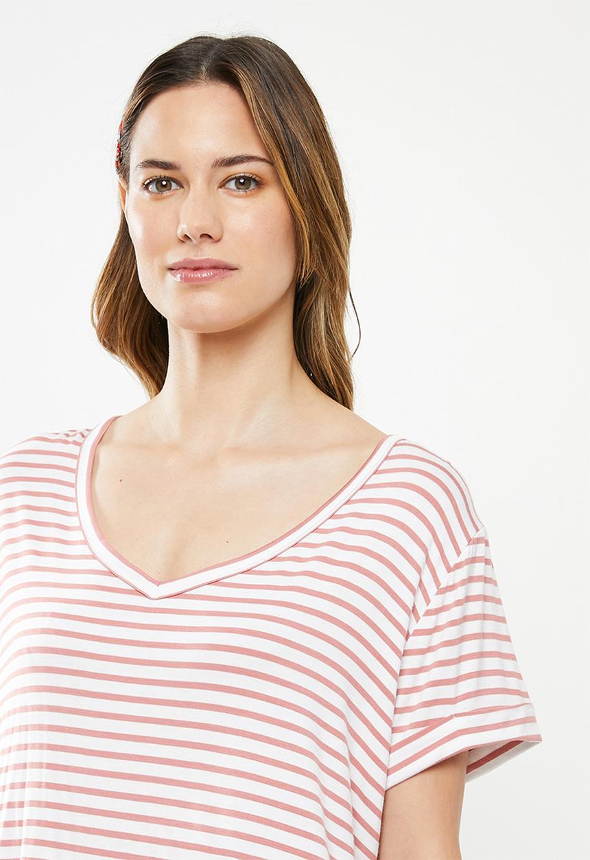 Cotton On - Karly short sleeve V-neck top - white & pink 