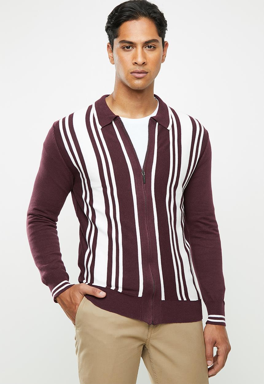 Brave Soul - Mellor full zip knitwear jumper - burgundy & white