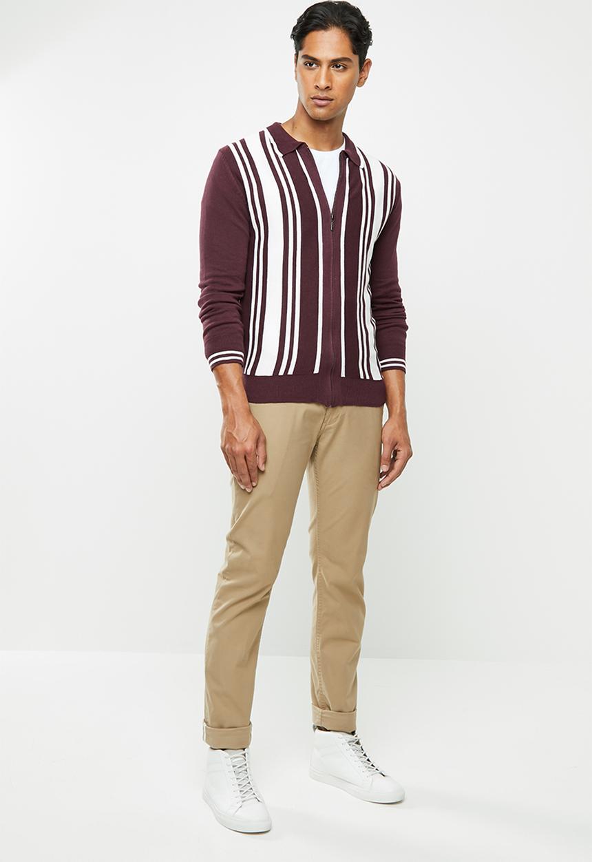 Brave Soul - Mellor full zip knitwear jumper - burgundy & white
