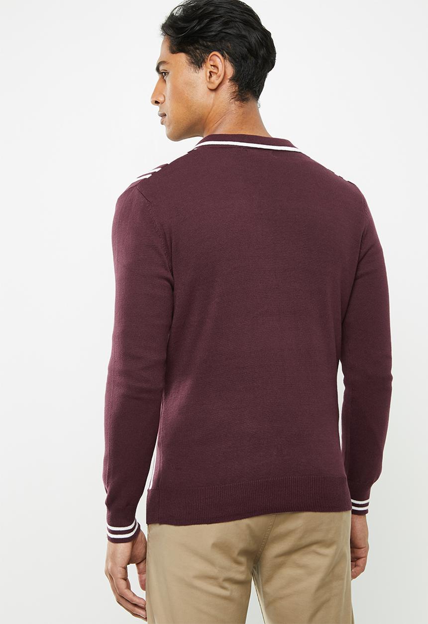Brave Soul - Mellor full zip knitwear jumper - burgundy & white