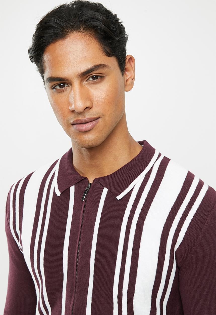 Brave Soul - Mellor full zip knitwear jumper - burgundy & white