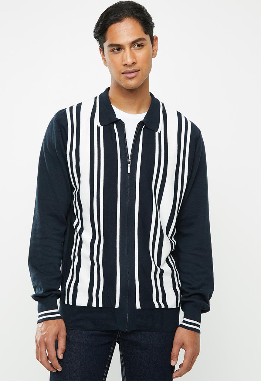 Brave Soul - Mellor full zip knitwear jumper - navy & white