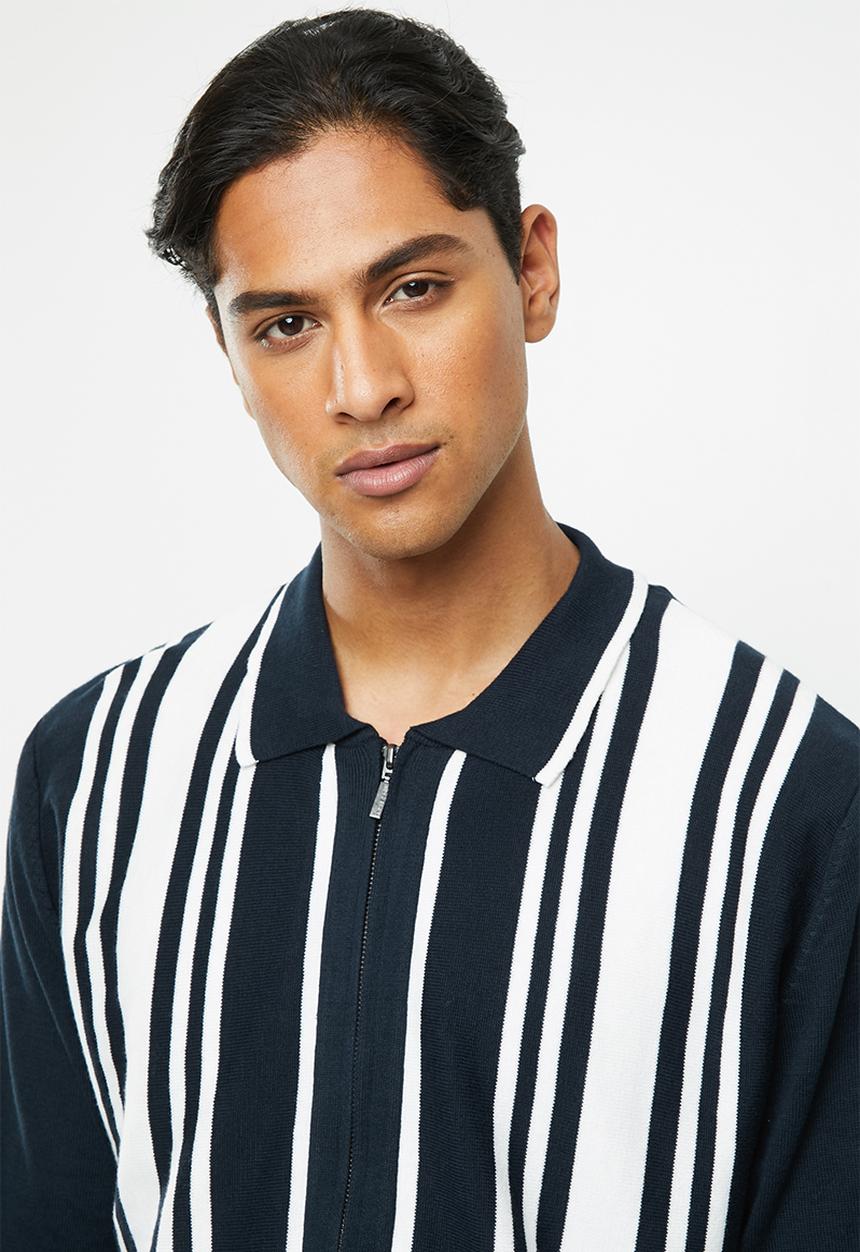 Brave Soul - Mellor full zip knitwear jumper - navy & white