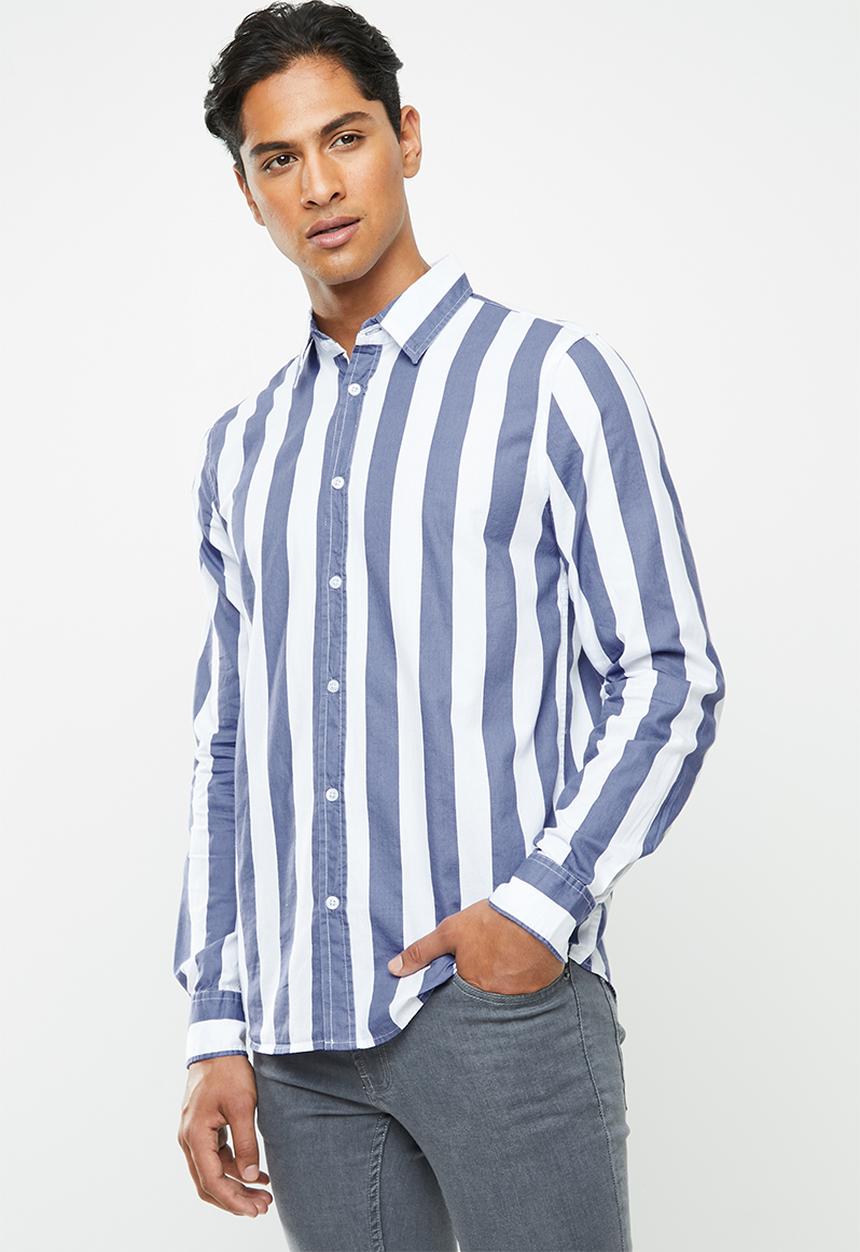 Brave Soul - Norrisb stripe long sleeve shirt - blue & white
