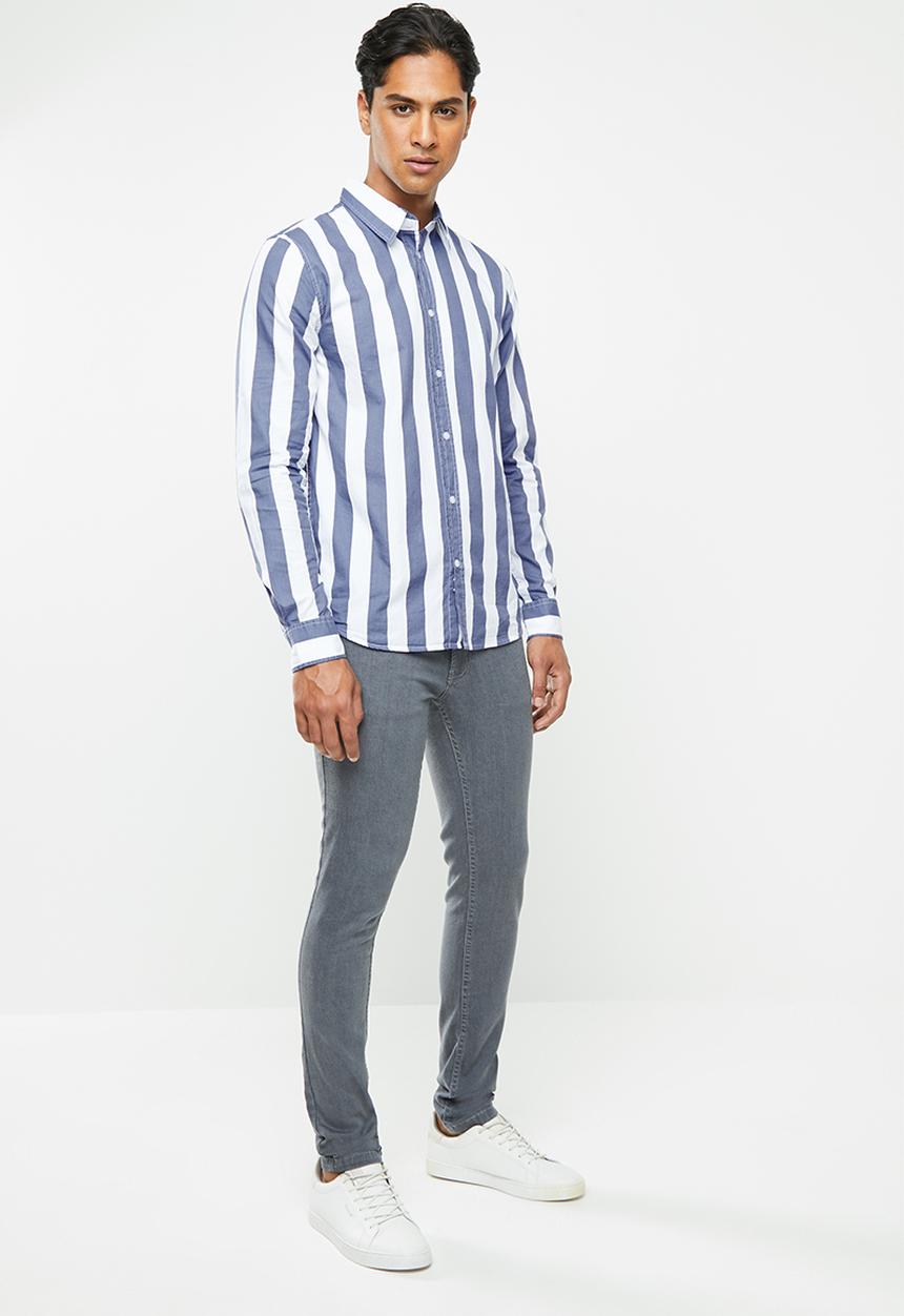 Brave Soul - Norrisb stripe long sleeve shirt - blue & white