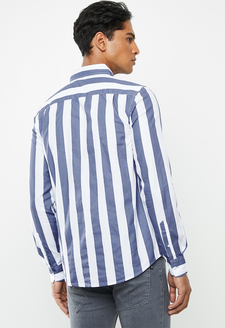 Brave Soul - Norrisb stripe long sleeve shirt - blue & white