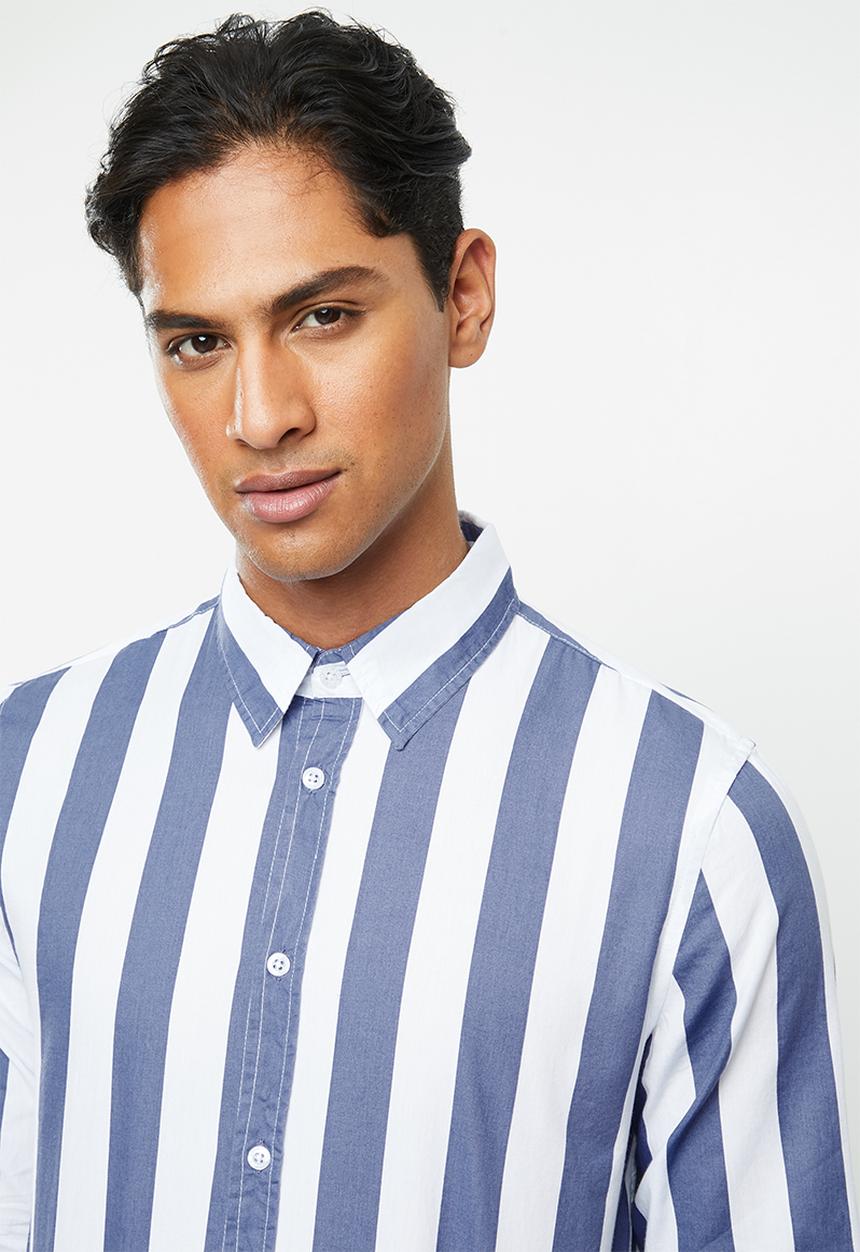 Brave Soul - Norrisb stripe long sleeve shirt - blue & white