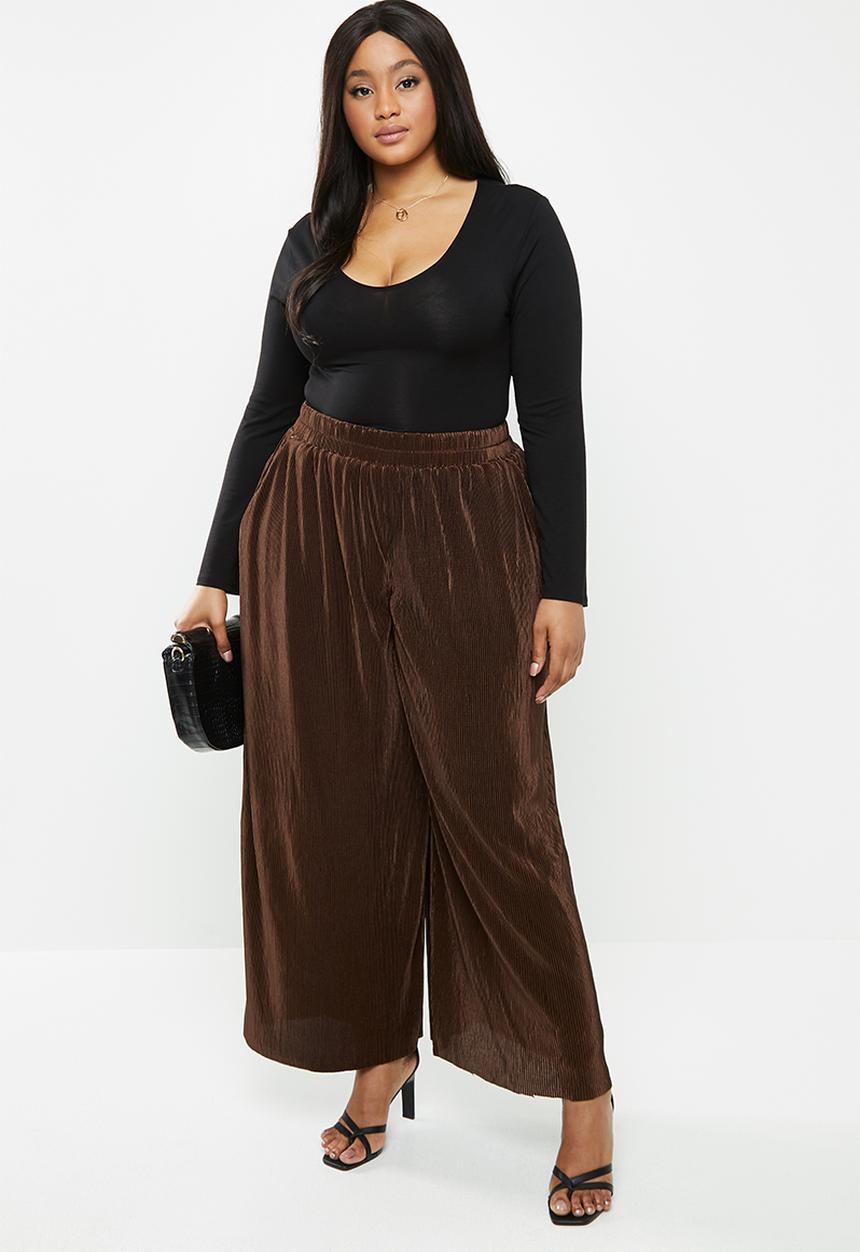 Glamorous - Plus plisse wide leg trouser - brown