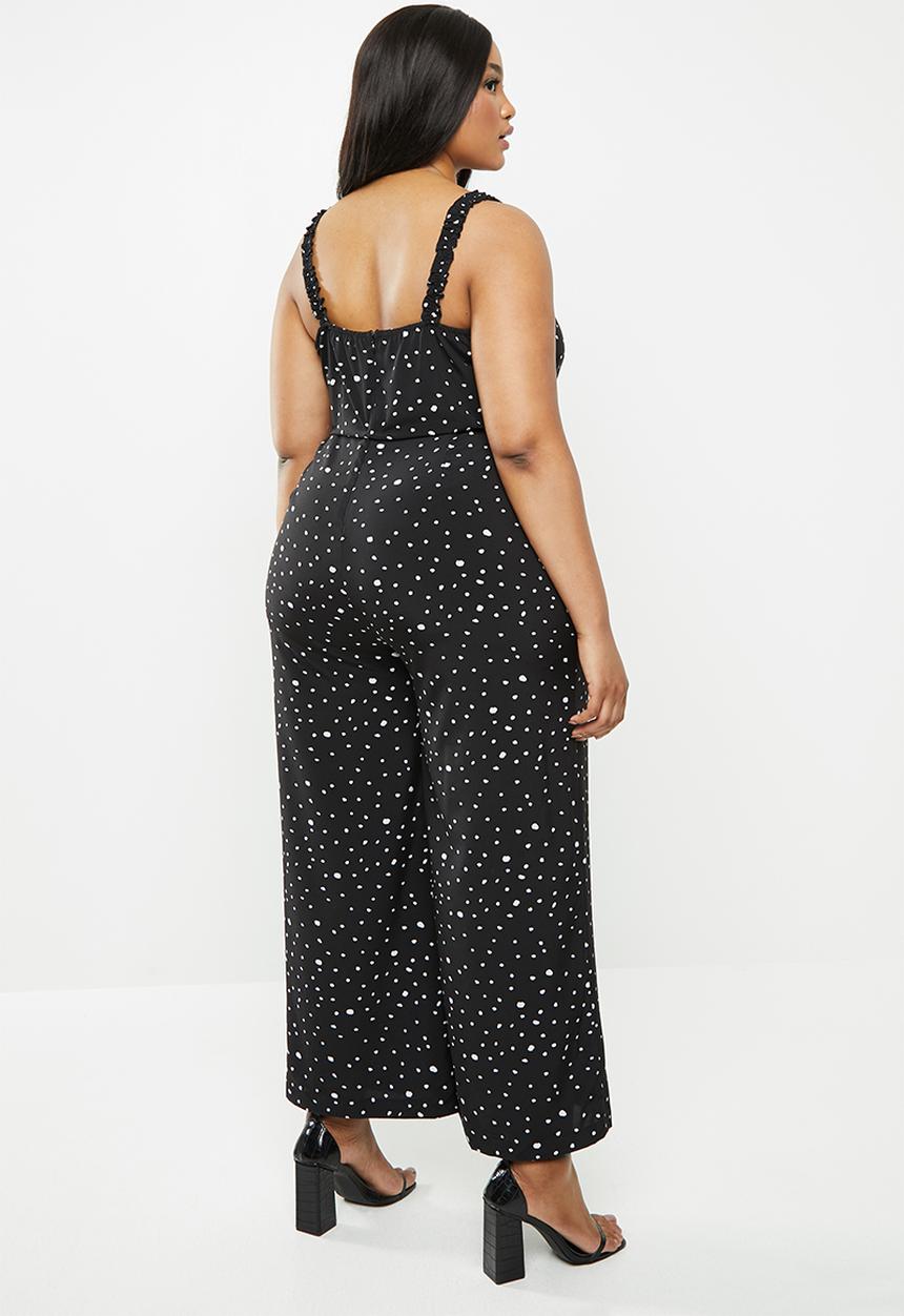 Glamorous - Plus messy spot spaghetti strap jumpsuit - black & white