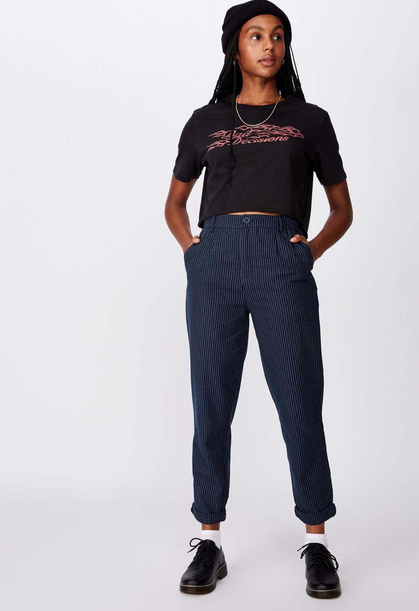 Factorie - Tapered leg check pant - navy & white 