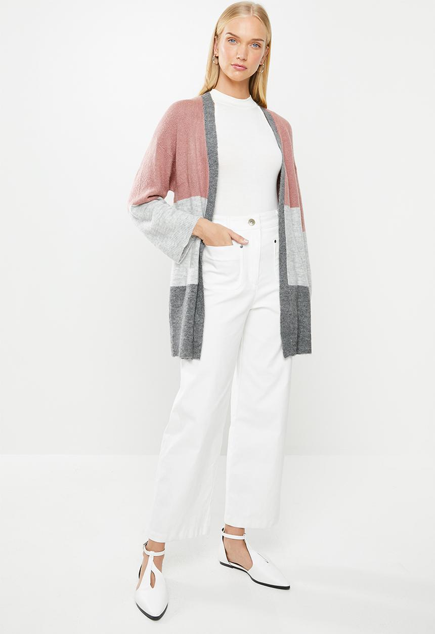 Jacqueline de Yong - Newelanor long sleeve cardigan - grey & pink 