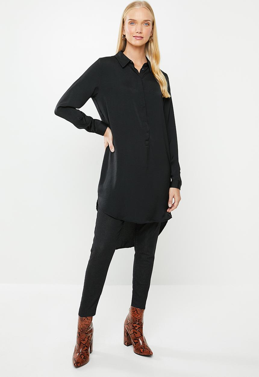Jacqueline de Yong - Tara long sleeve hi-low long shirt - black