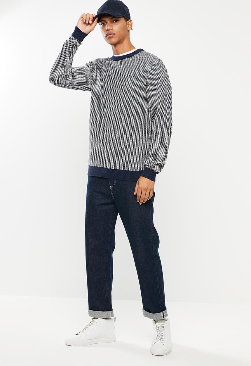 Selected Homme - Aiden camp crew neck sweater - blue & white
