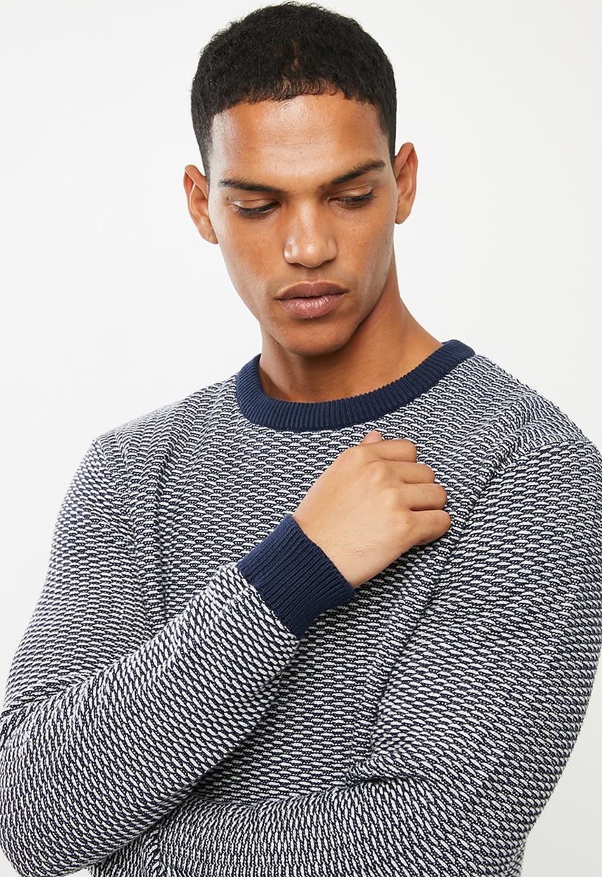 Selected Homme - Aiden camp crew neck sweater - blue & white
