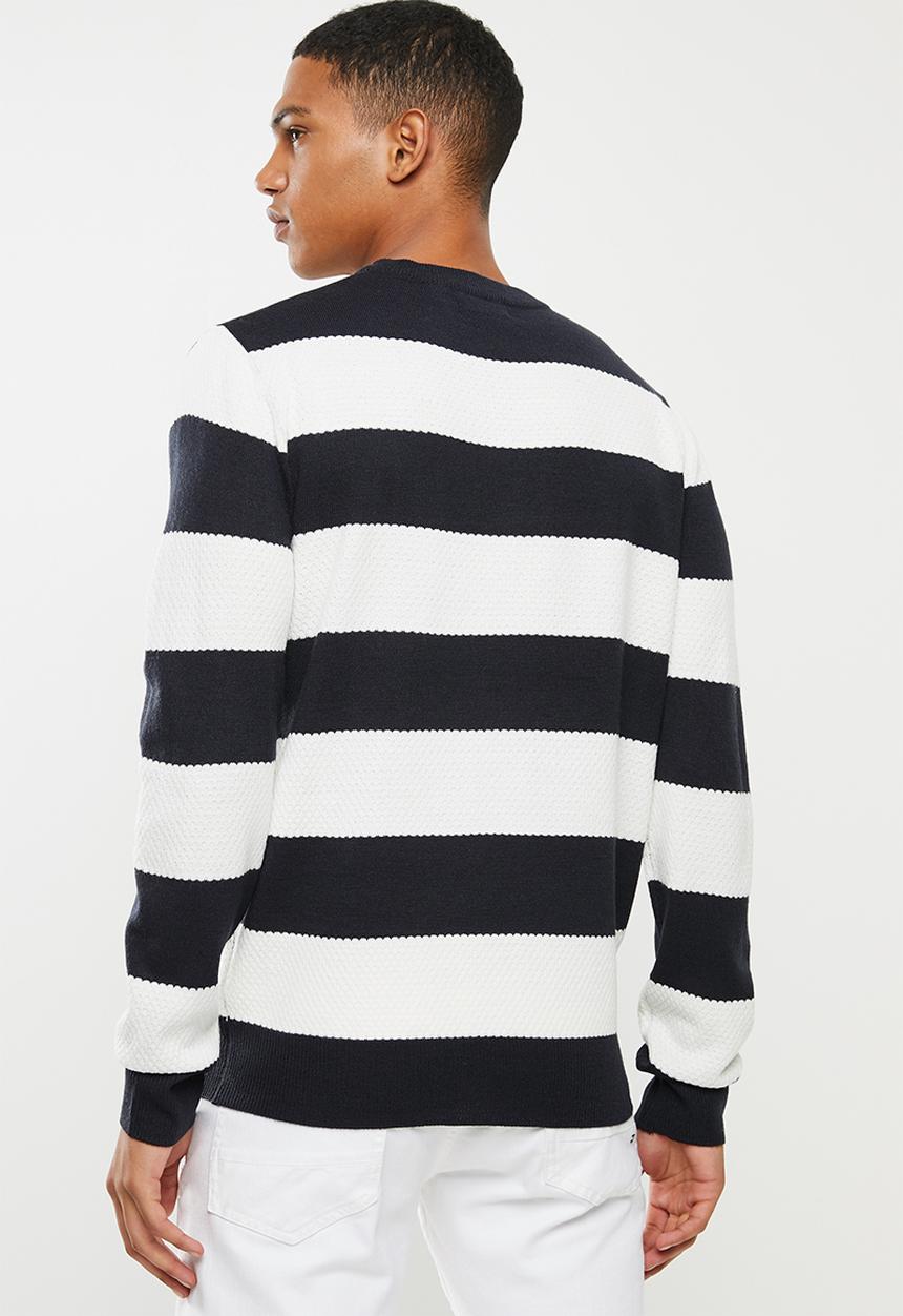 Brave Soul - Tamson stripe crew knitwear - navy & white 