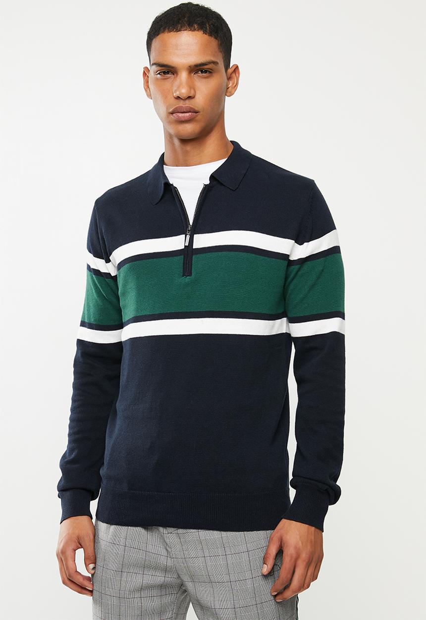 Brave Soul - Webster 1/4 zip knitwear - navy & green 