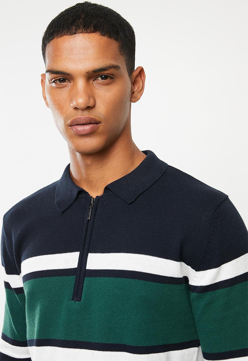 Brave Soul - Webster 1/4 zip knitwear - navy & green 