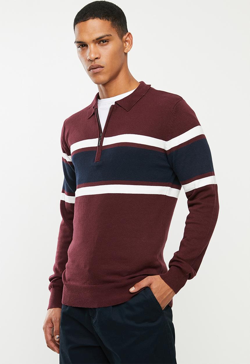 Brave Soul - Webster 1/4 zip knitwear - burgundy & navy 