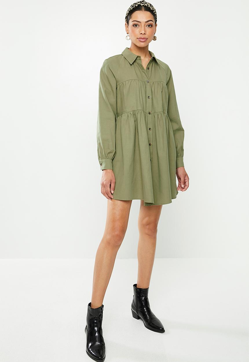 Glamorous - Button through babydoll dress - khaki