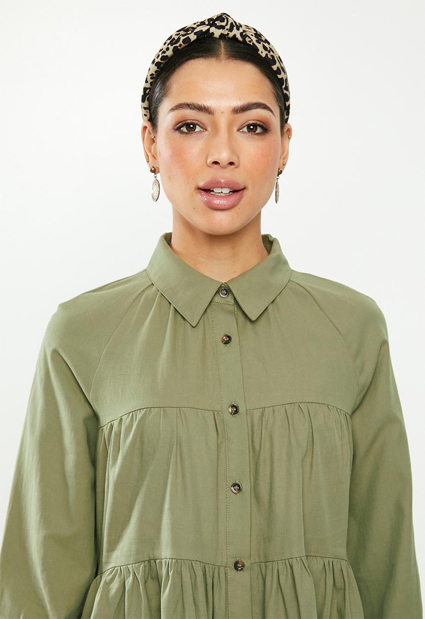 Glamorous - Button through babydoll dress - khaki