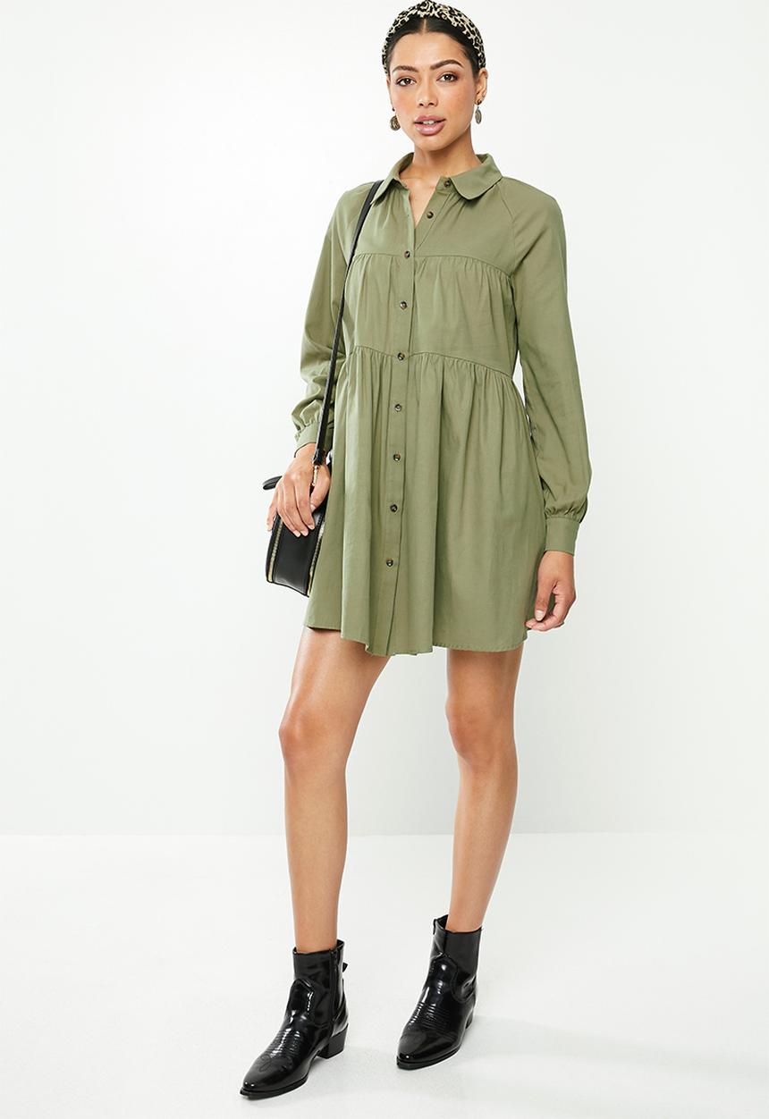 Glamorous - Button through babydoll dress - khaki