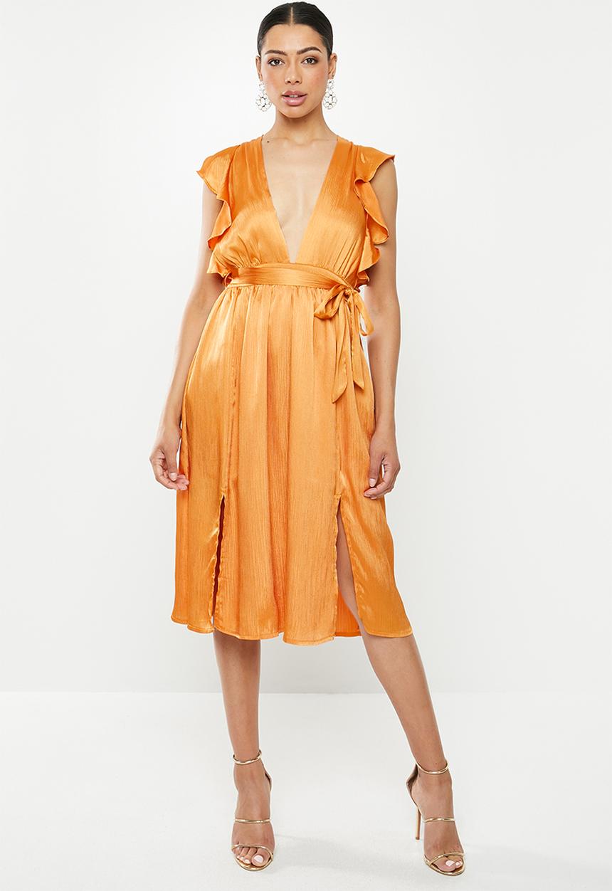 Glamorous - Crinkle satin ruffle dress - orange 
