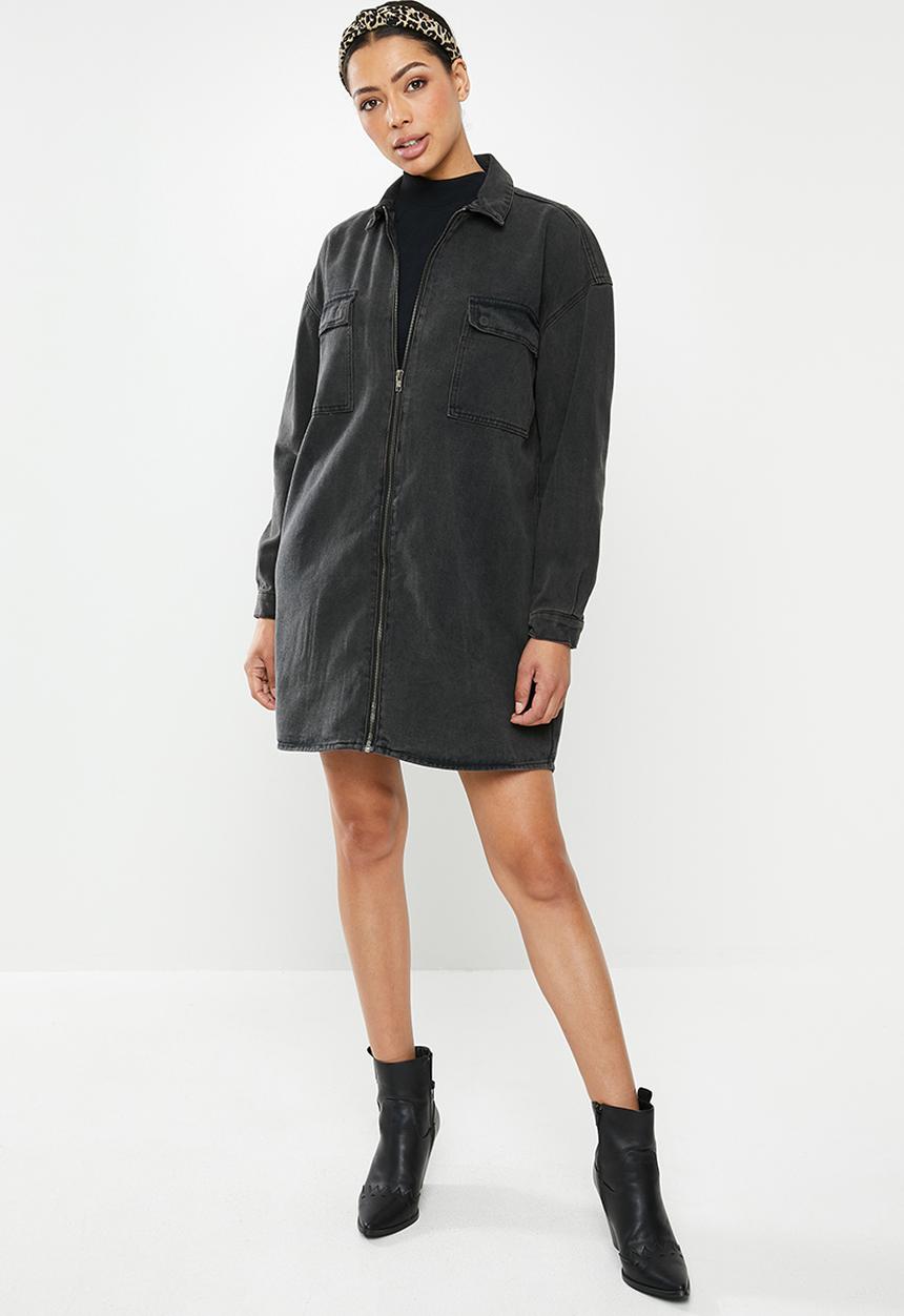 Missguided - Utility zip through denim shirt dress - black