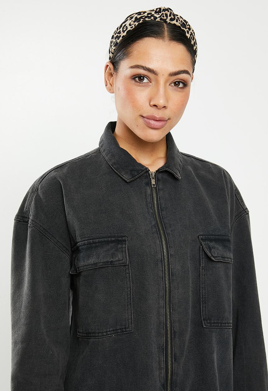 Missguided - Utility zip through denim shirt dress - black