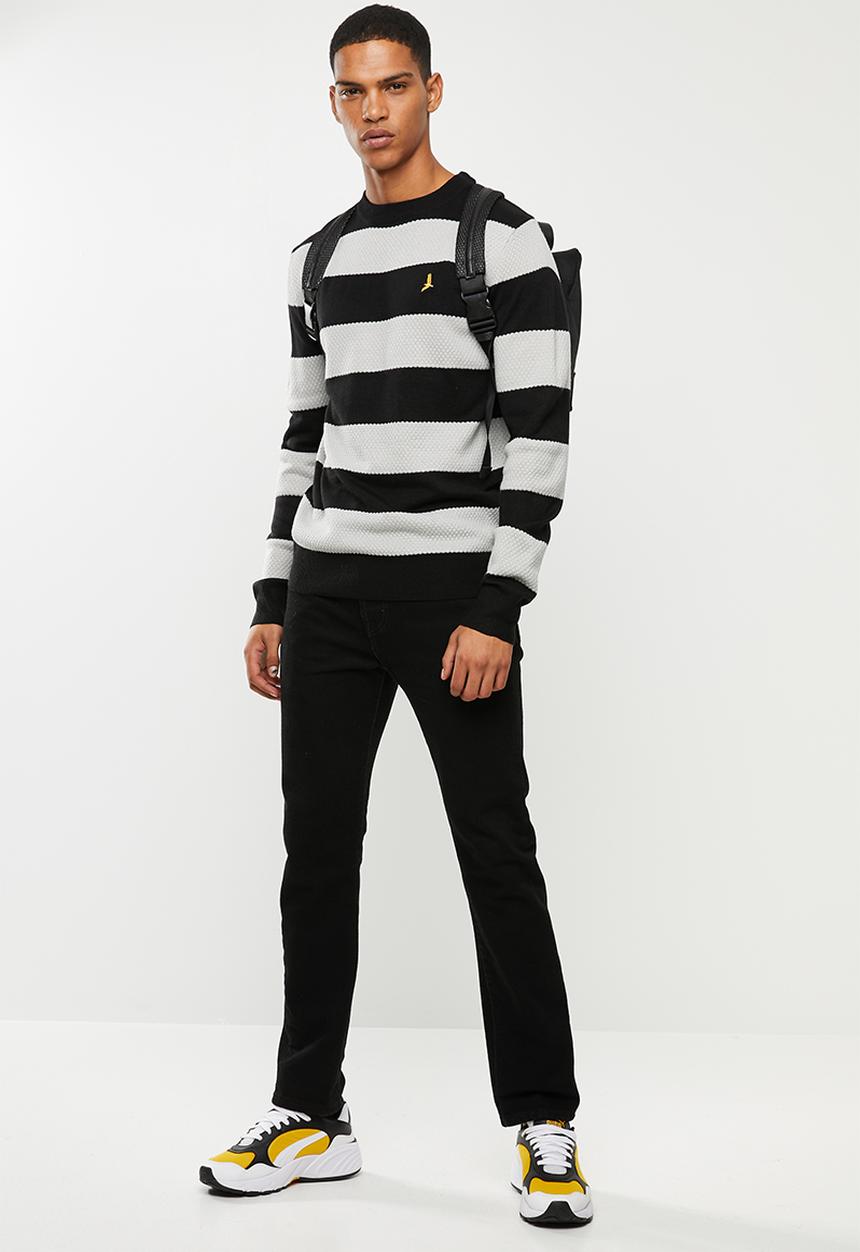 Brave Soul - Tamson stripe crew knitwear - black & grey 