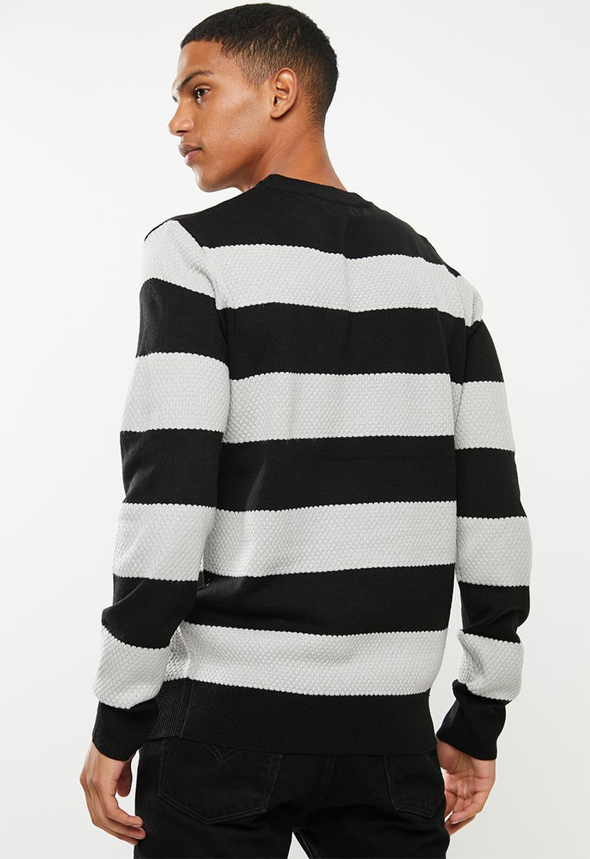 Brave Soul - Tamson stripe crew knitwear - black & grey 