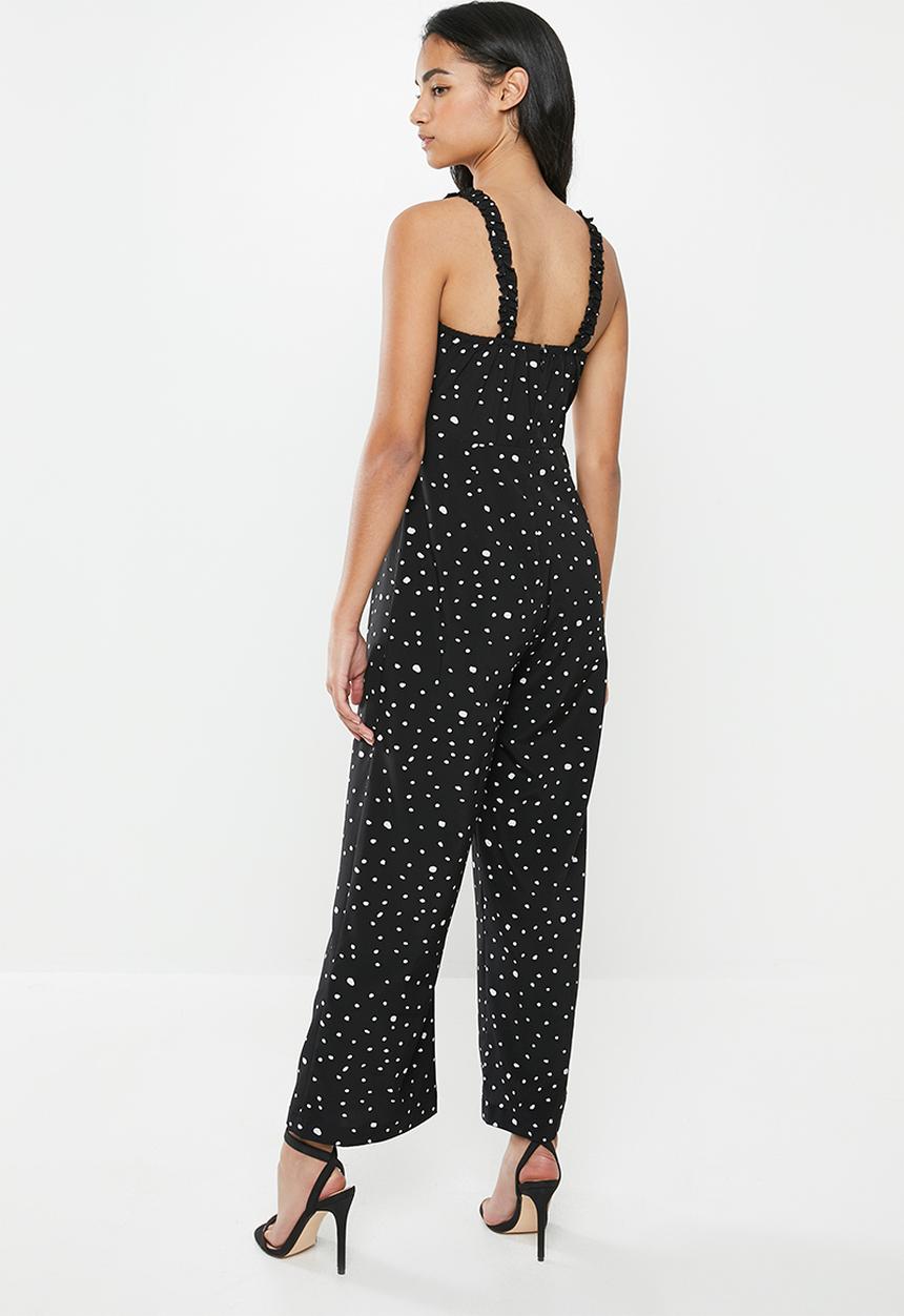 Glamorous - Petite messy spot spaghetti strap jumpsuit - black & white