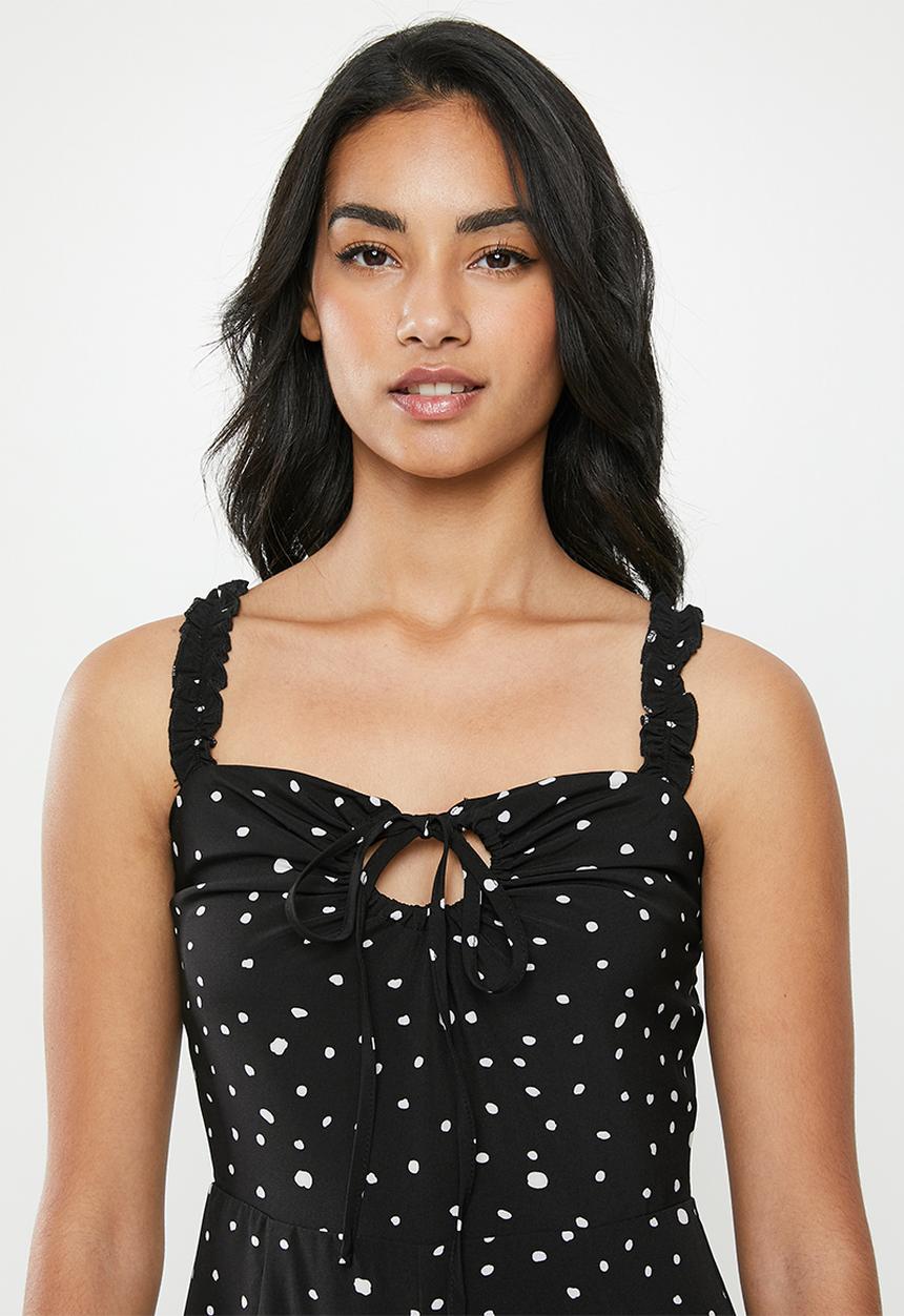 Glamorous - Petite messy spot spaghetti strap jumpsuit - black & white