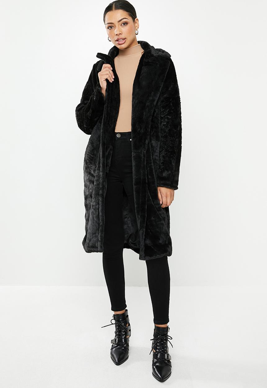 Missguided - Tortoise button faux fur crombie - black
