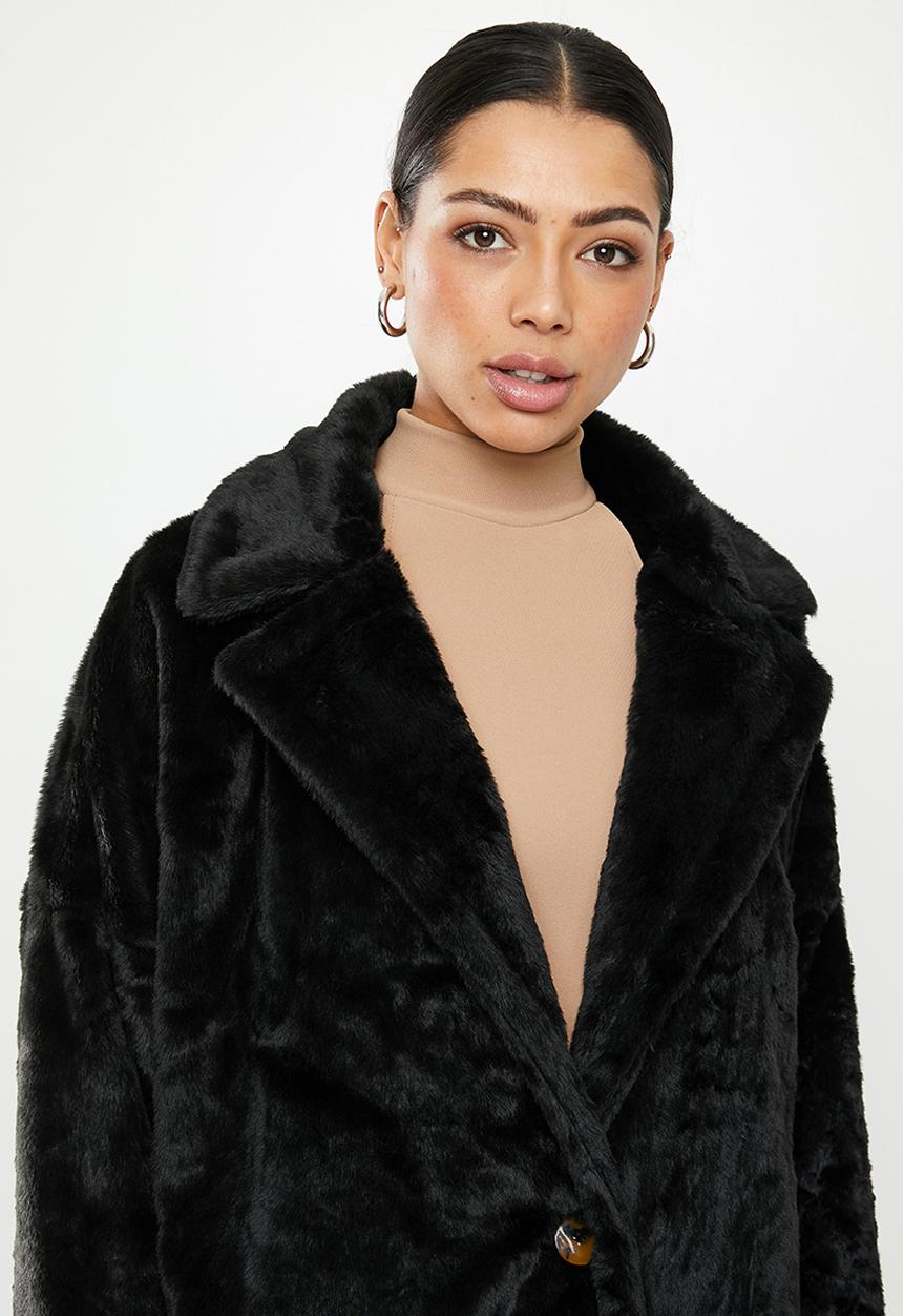 Missguided - Tortoise button faux fur crombie - black