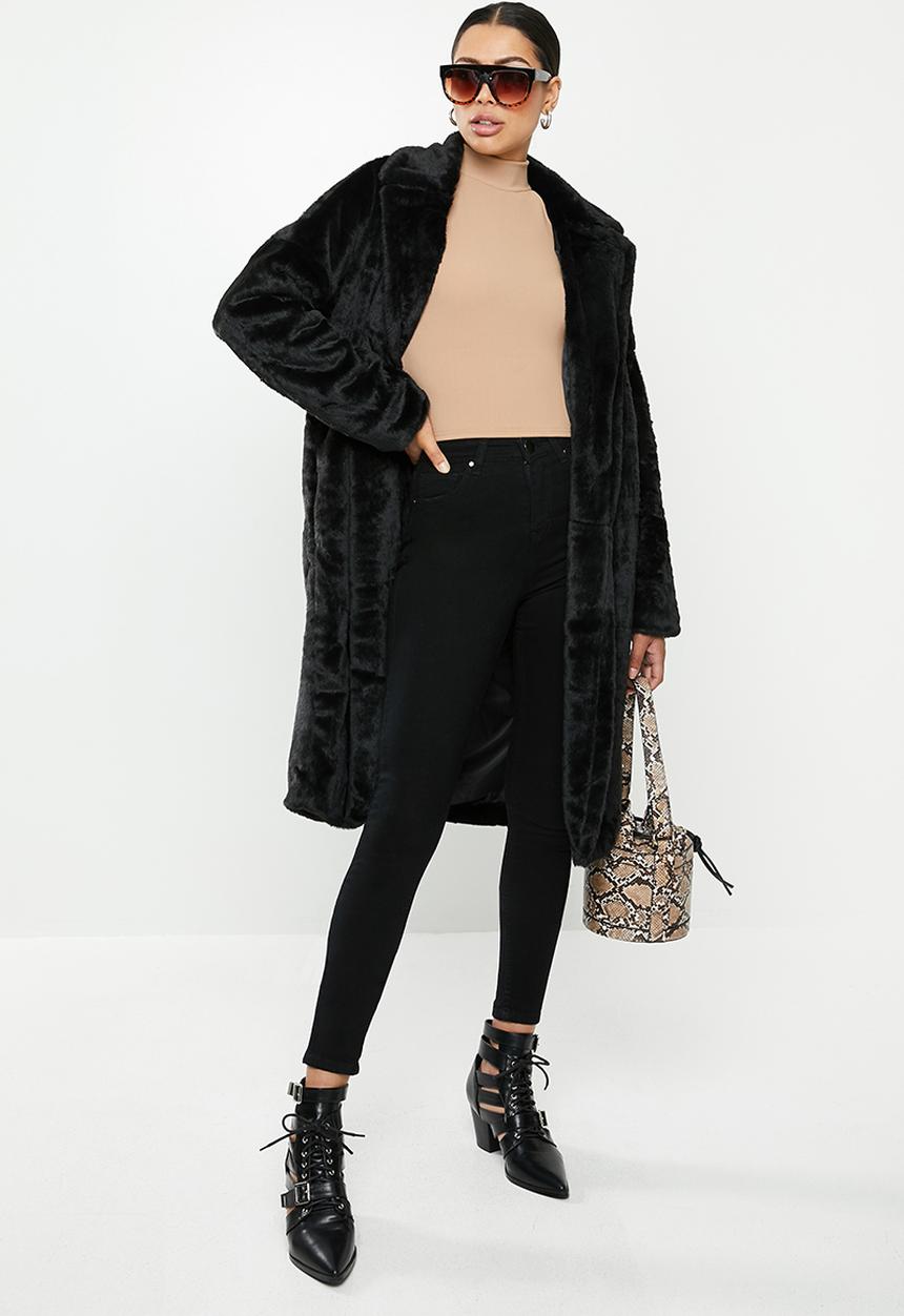 Missguided - Tortoise button faux fur crombie - black