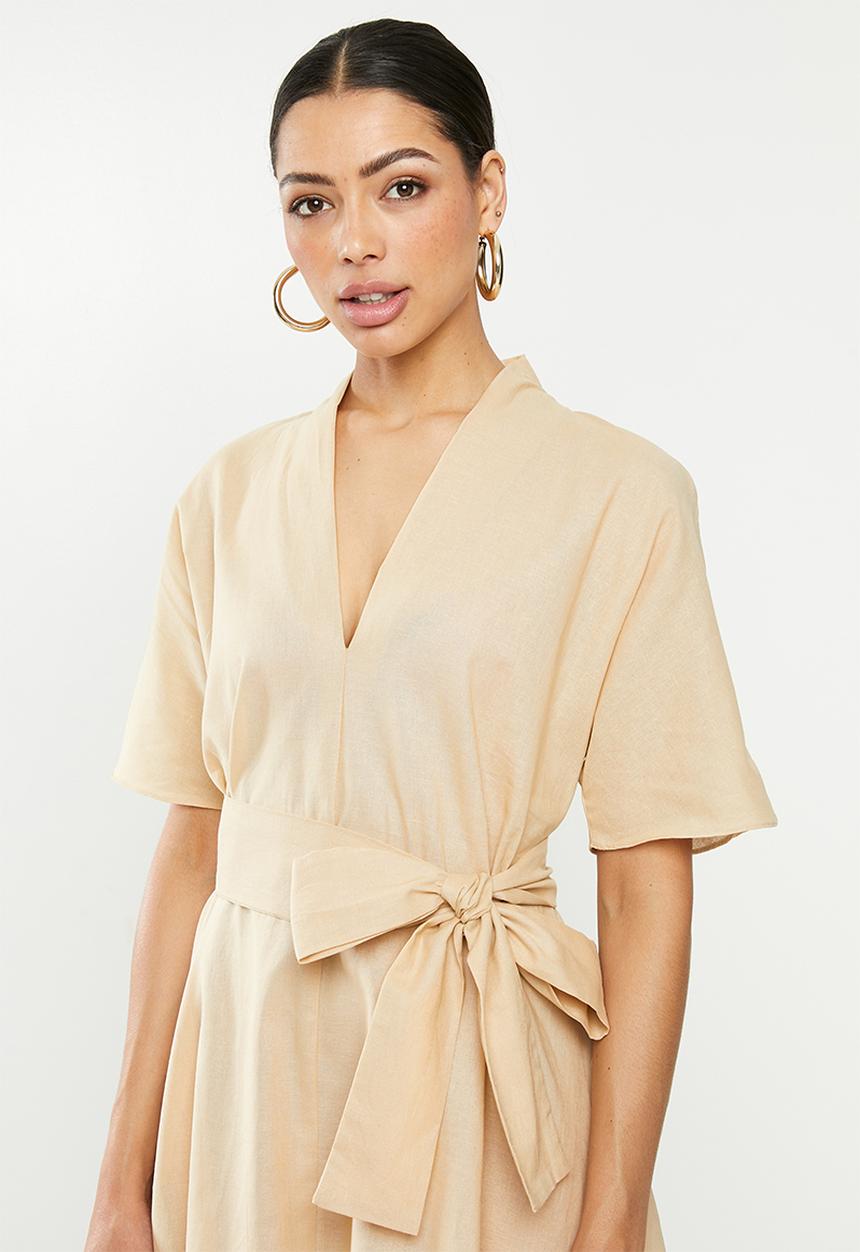 Glamorous - Tie belted wrap dress - stone