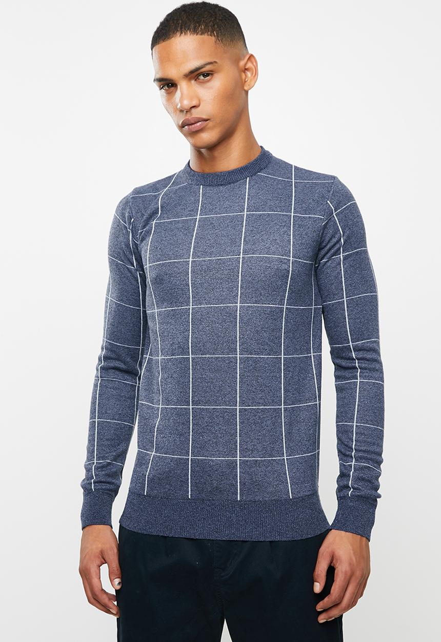 Brave Soul - Nicholls jaquard check crew knitwear - navy & grey