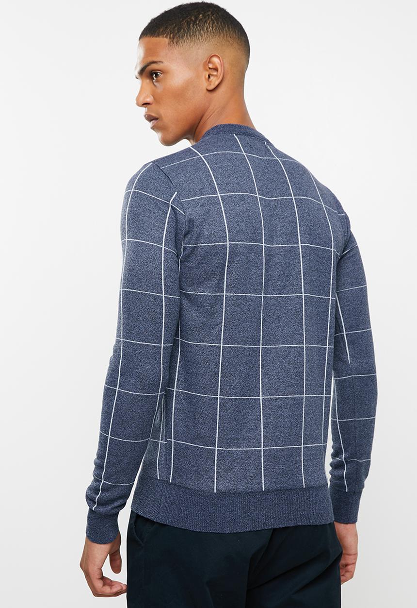 Brave Soul - Nicholls jaquard check crew knitwear - navy & grey